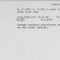 Index card with typed and handwritten information, sometimes including a sketch, of pottery from an excavation.
