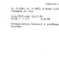 Index card with typed and handwritten information, sometimes including a sketch, of pottery from an excavation.