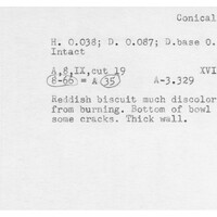 Index card with typed and handwritten information, sometimes including a sketch, of pottery from an excavation.