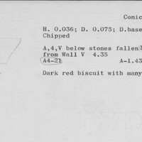 Index card with typed and handwritten information, sometimes including a sketch, of pottery from an excavation.