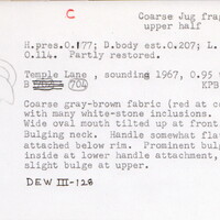 Index card with typed and handwritten information, sometimes including a sketch, of pottery from an excavation.