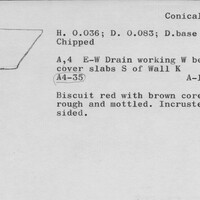 Index card with typed and handwritten information, sometimes including a sketch, of pottery from an excavation.