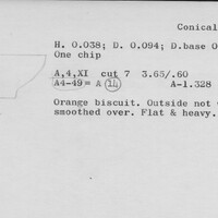 Index card with typed and handwritten information, sometimes including a sketch, of pottery from an excavation.