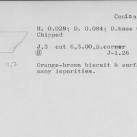 Index card with typed and handwritten information, sometimes including a sketch, of pottery from an excavation.
