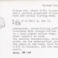 Index card with typed and handwritten information, sometimes including a sketch, of pottery from an excavation.