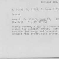 Index card with typed and handwritten information, sometimes including a sketch, of pottery from an excavation.