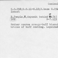 Index card with typed and handwritten information, sometimes including a sketch, of pottery from an excavation.