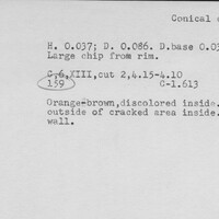Index card with typed and handwritten information, sometimes including a sketch, of pottery from an excavation.