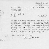 Index card with typed and handwritten information, sometimes including a sketch, of pottery from an excavation.