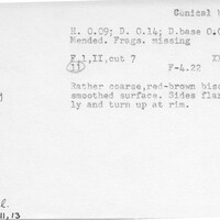 Index card with typed and handwritten information, sometimes including a sketch, of pottery from an excavation.