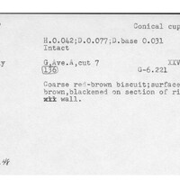 Index card with typed and handwritten information, sometimes including a sketch, of pottery from an excavation.