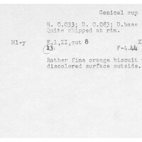 Index card with typed and handwritten information, sometimes including a sketch, of pottery from an excavation.