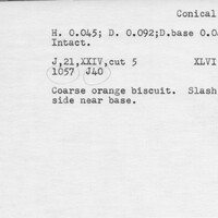 Index card with typed and handwritten information, sometimes including a sketch, of pottery from an excavation.
