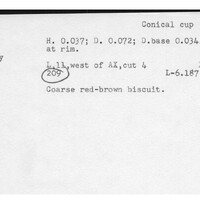 Index card with typed and handwritten information, sometimes including a sketch, of pottery from an excavation.
