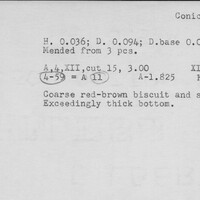 Index card with typed and handwritten information, sometimes including a sketch, of pottery from an excavation.