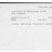 Index card with typed and handwritten information, sometimes including a sketch, of pottery from an excavation.