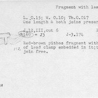 Index card with typed and handwritten information, sometimes including a sketch, of pottery from an excavation.