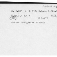 Index card with typed and handwritten information, sometimes including a sketch, of pottery from an excavation.