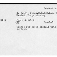 Index card with typed and handwritten information, sometimes including a sketch, of pottery from an excavation.