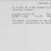 Index card with typed and handwritten information, sometimes including a sketch, of pottery from an excavation.