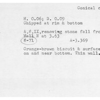 Index card with typed and handwritten information, sometimes including a sketch, of pottery from an excavation.