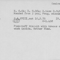 Index card with typed and handwritten information, sometimes including a sketch, of pottery from an excavation.