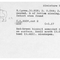 Index card with typed and handwritten information, sometimes including a sketch, of pottery from an excavation.