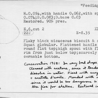 Index card with typed and handwritten information, sometimes including a sketch, of pottery from an excavation.