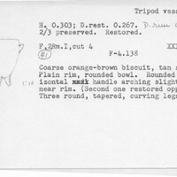 Index card with typed and handwritten information, sometimes including a sketch, of pottery from an excavation.