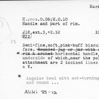 Index card with typed and handwritten information, sometimes including a sketch, of pottery from an excavation.