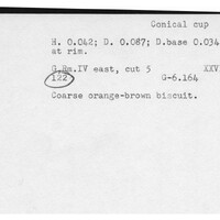 Index card with typed and handwritten information, sometimes including a sketch, of pottery from an excavation.