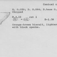 Index card with typed and handwritten information, sometimes including a sketch, of pottery from an excavation.