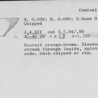 Index card with typed and handwritten information, sometimes including a sketch, of pottery from an excavation.