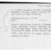 Index card with typed and handwritten information, sometimes including a sketch, of pottery from an excavation.