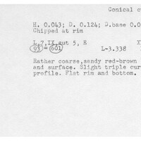 Index card with typed and handwritten information, sometimes including a sketch, of pottery from an excavation.