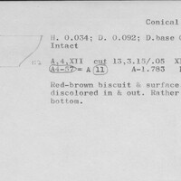 Index card with typed and handwritten information, sometimes including a sketch, of pottery from an excavation.