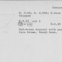 Index card with typed and handwritten information, sometimes including a sketch, of pottery from an excavation.