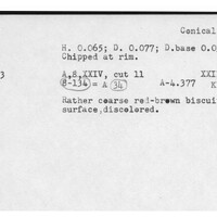 Index card with typed and handwritten information, sometimes including a sketch, of pottery from an excavation.