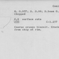Index card with typed and handwritten information, sometimes including a sketch, of pottery from an excavation.