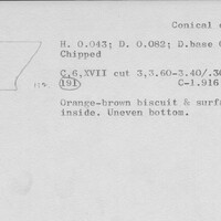 Index card with typed and handwritten information, sometimes including a sketch, of pottery from an excavation.