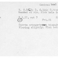 Index card with typed and handwritten information, sometimes including a sketch, of pottery from an excavation.