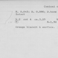 Index card with typed and handwritten information, sometimes including a sketch, of pottery from an excavation.