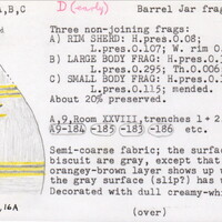 Index card with typed and handwritten information, sometimes including a sketch, of pottery from an excavation.