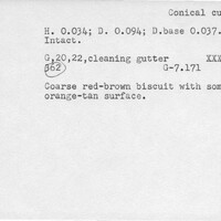 Index card with typed and handwritten information, sometimes including a sketch, of pottery from an excavation.