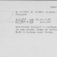 Index card with typed and handwritten information, sometimes including a sketch, of pottery from an excavation.