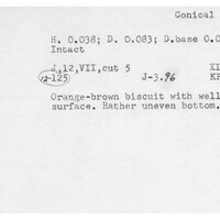 Index card with typed and handwritten information, sometimes including a sketch, of pottery from an excavation.
