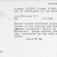 Index card with typed and handwritten information, sometimes including a sketch, of pottery from an excavation.