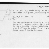 Index card with typed and handwritten information, sometimes including a sketch, of pottery from an excavation.
