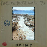 A stone pathway leading to a body of water with mountains in the background.