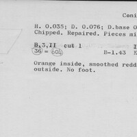 Index card with typed and handwritten information, sometimes including a sketch, of pottery from an excavation.